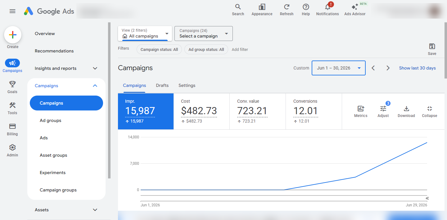 Google Ads campaigns screenshot, June 2026: $482.73 spend, 12 conversions