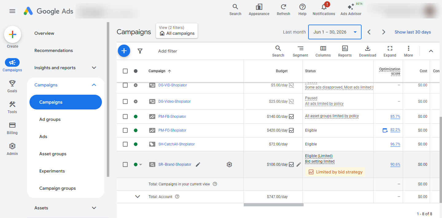 Google Ads screenshot June 2026 showing zero spend — account not yet launched