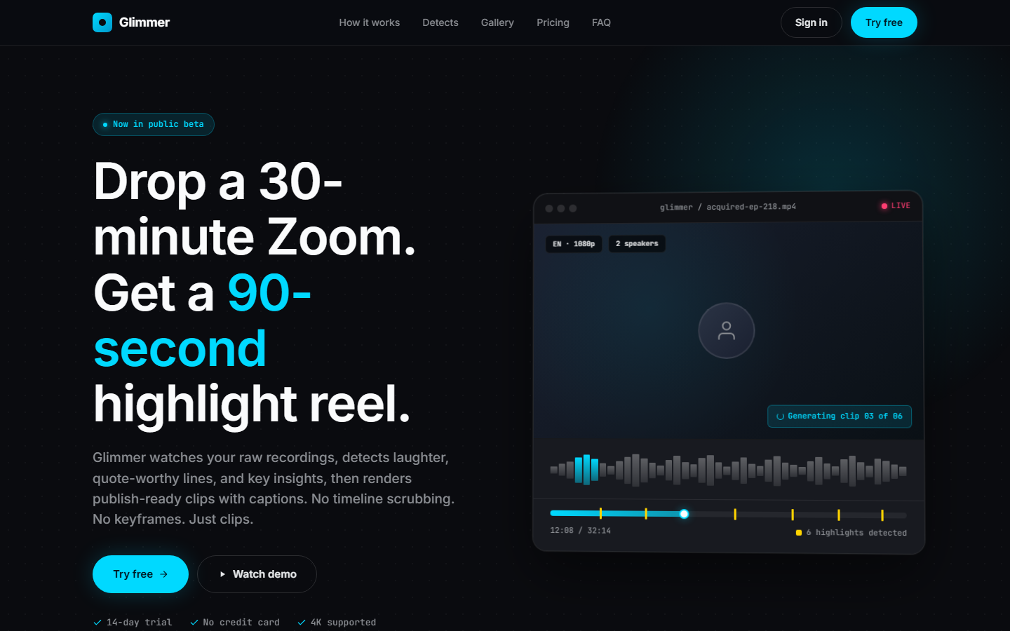 AI Tool, Variant B — Glimmer dark video editor dashboard
