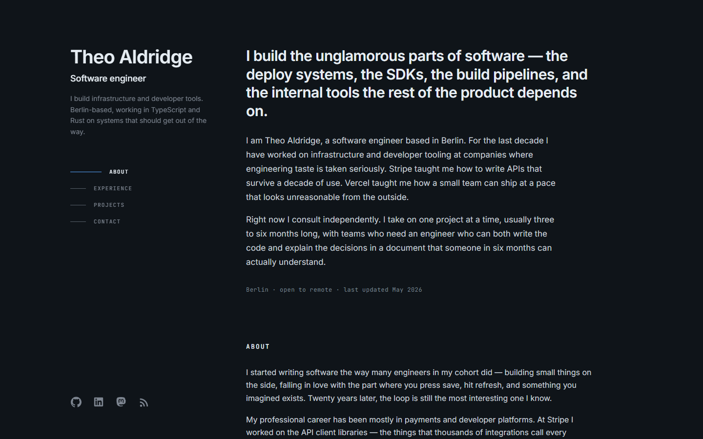 Portfolio, Variant B — Theo Aldridge dark sidebar terminal